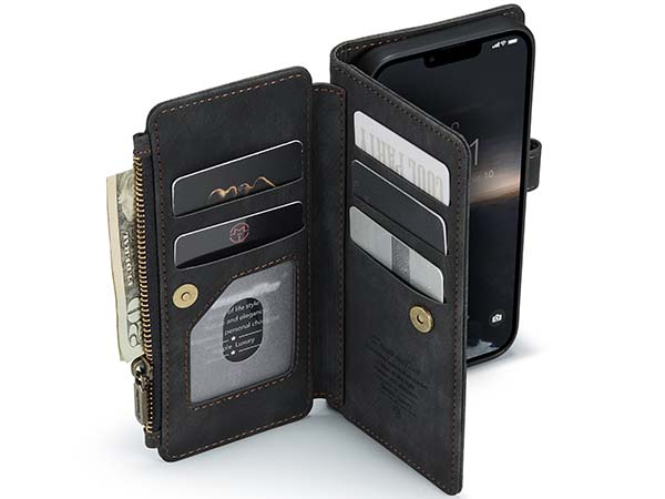 CaseMe Synthetic Leather Wallet Case with Zipper Pocket for iPhone 14 - Charcoal