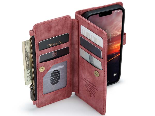 CaseMe Synthetic Leather Wallet Case with Zipper Pocket for iPhone 14 - Blush