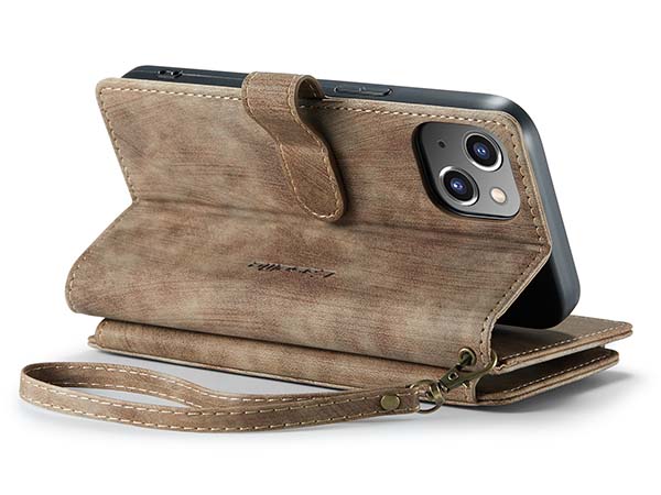 CaseMe Synthetic Leather Wallet Case with Zipper Pocket for iPhone 14 - Desert Taupe Leather Wallet Case