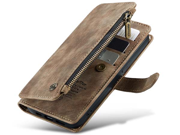 CaseMe Synthetic Leather Wallet Case with Zipper Pocket for iPhone 14 - Desert Taupe