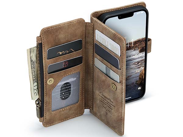 CaseMe Synthetic Leather Wallet Case with Zipper Pocket for iPhone 14 - Desert Taupe