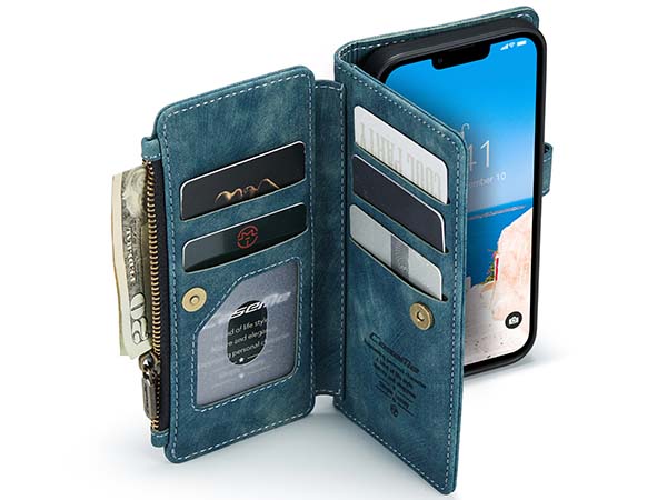 CaseMe Synthetic Leather Wallet Case with Zipper Pocket for iPhone 14 - Teal