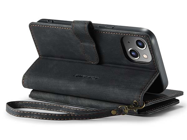 CaseMe Synthetic Leather Wallet Case with Zipper Pocket for iPhone 14 Plus - Charcoal Leather Wallet Case