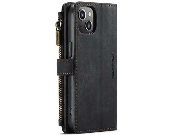 CaseMe Synthetic Leather Wallet Case with Zipper Pocket for iPhone 14 Plus - Charcoal