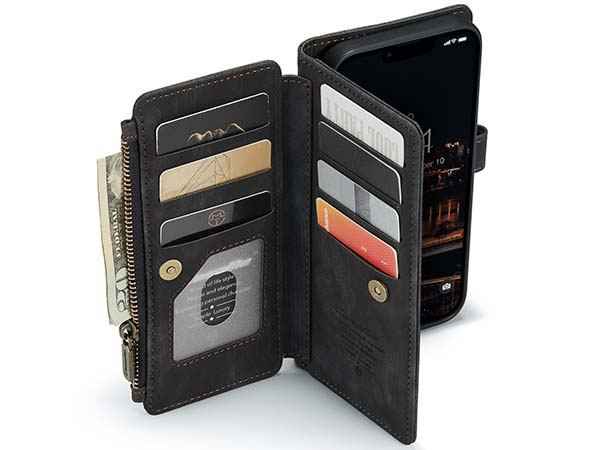 CaseMe Synthetic Leather Wallet Case with Zipper Pocket for iPhone 14 Plus - Charcoal