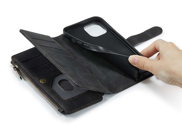 CaseMe Synthetic Leather Wallet Case with Zipper Pocket for iPhone 14 Plus - Charcoal