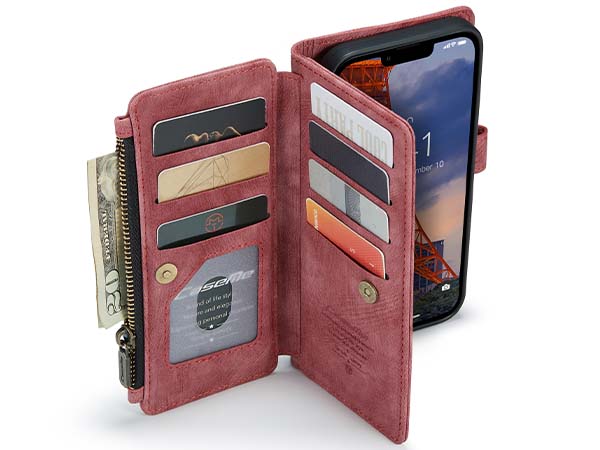 CaseMe Synthetic Leather Wallet Case with Zipper Pocket for iPhone 14 Plus - Blush