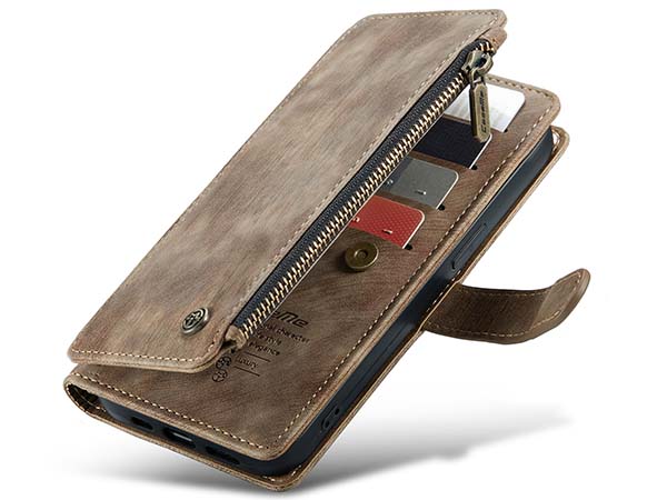 CaseMe Synthetic Leather Wallet Case with Zipper Pocket for iPhone 14 Plus - Desert Taupe