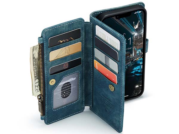 CaseMe Synthetic Leather Wallet Case with Zipper Pocket for iPhone 14 Plus - Teal