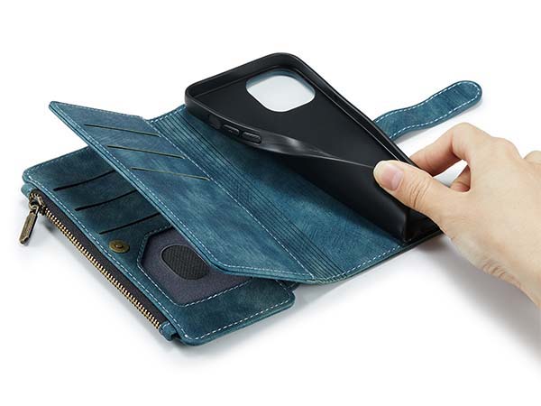 CaseMe Synthetic Leather Wallet Case with Zipper Pocket for iPhone 14 Plus - Teal