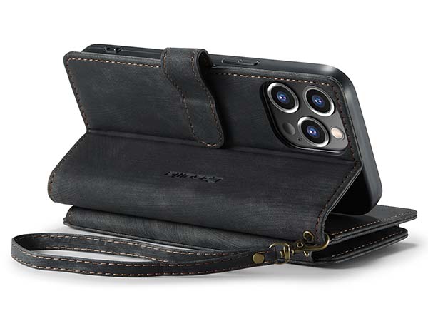 CaseMe Synthetic Leather Wallet Case with Zipper Pocket for iPhone 14 Pro - Charcoal Leather Wallet Case
