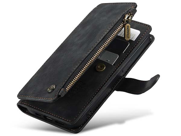 CaseMe Synthetic Leather Wallet Case with Zipper Pocket for iPhone 14 Pro - Charcoal
