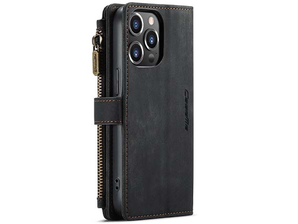 CaseMe Synthetic Leather Wallet Case with Zipper Pocket for iPhone 14 Pro - Charcoal