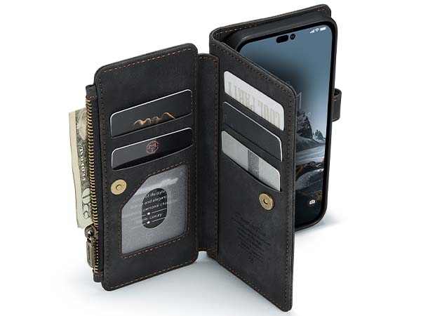 CaseMe Synthetic Leather Wallet Case with Zipper Pocket for iPhone 14 Pro - Charcoal