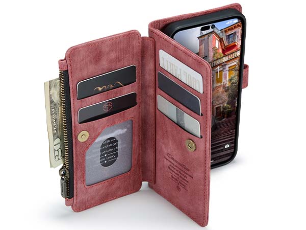 CaseMe Synthetic Leather Wallet Case with Zipper Pocket for iPhone 14 Pro - Blush