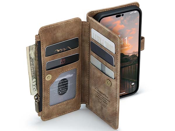 CaseMe Synthetic Leather Wallet Case with Zipper Pocket for iPhone 14 Pro - Desert Taupe