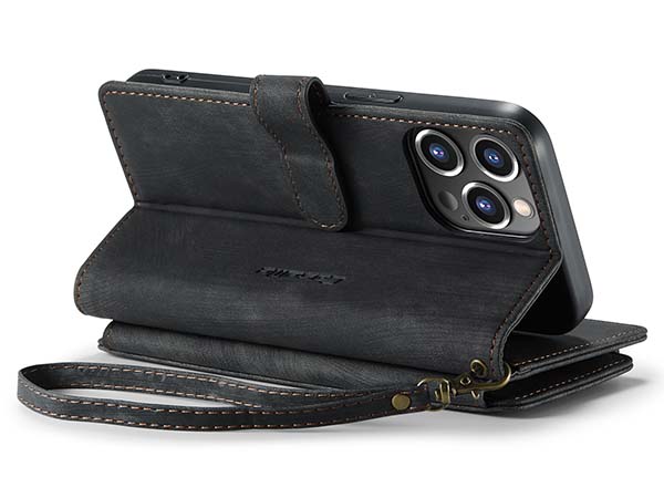 CaseMe Synthetic Leather Wallet Case with Zipper Pocket for iPhone 14 Pro Max - Charcoal Leather Wallet Case