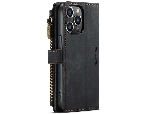 CaseMe Synthetic Leather Wallet Case with Zipper Pocket for iPhone 14 Pro Max - Charcoal