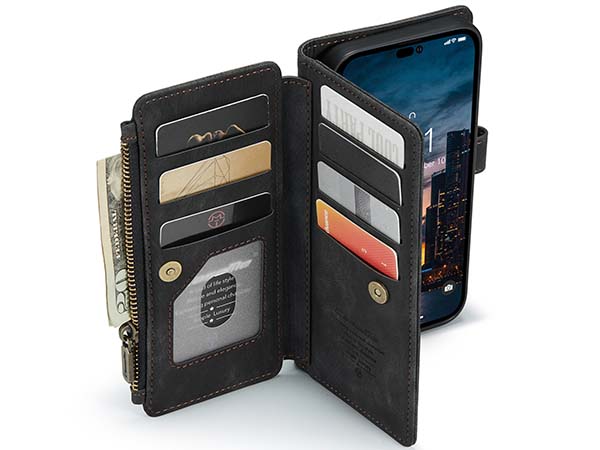 CaseMe Synthetic Leather Wallet Case with Zipper Pocket for iPhone 14 Pro Max - Charcoal