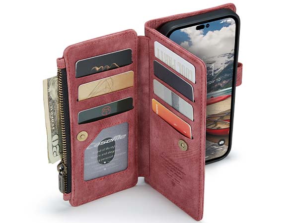 CaseMe Synthetic Leather Wallet Case with Zipper Pocket for iPhone 14 Pro Max - Blush