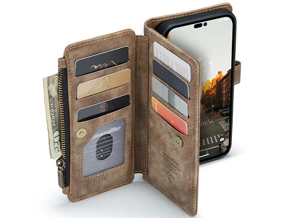 CaseMe Synthetic Leather Wallet Case with Zipper Pocket for iPhone 14 Pro Max - Desert Taupe