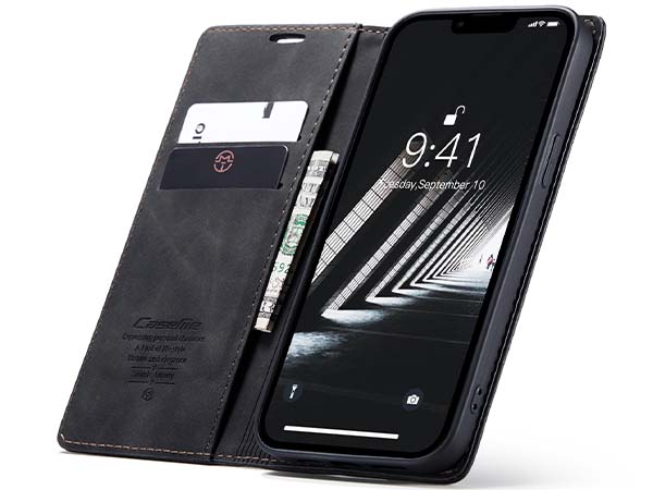 CaseMe Slim Synthetic Leather Wallet Case with Stand for iPhone 14 - Charcoal