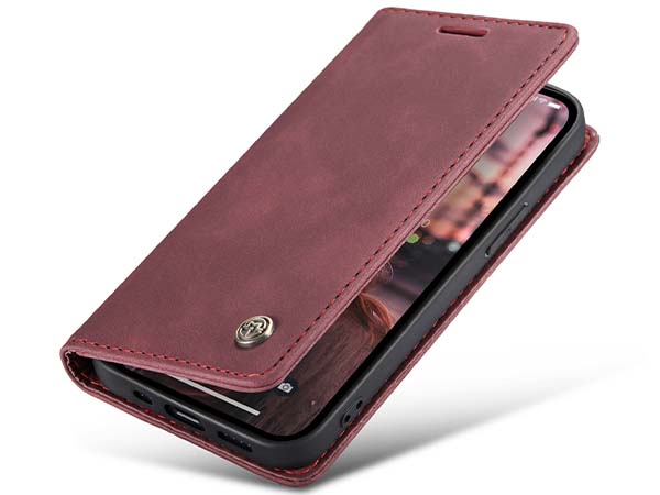 CaseMe Slim Synthetic Leather Wallet Case with Stand for iPhone 14 - Burgundy Leather Wallet Case