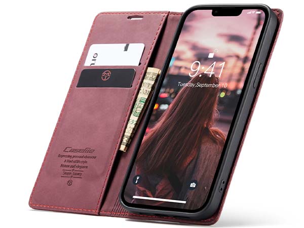 CaseMe Slim Synthetic Leather Wallet Case with Stand for iPhone 14 - Burgundy