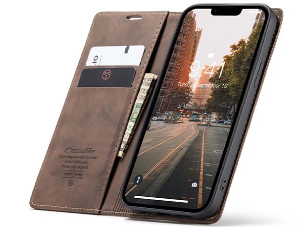CaseMe Slim Synthetic Leather Wallet Case with Stand for iPhone 14 - Chocolate