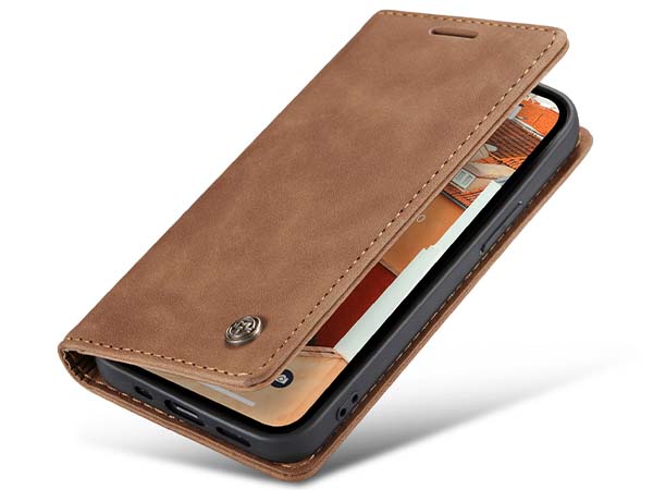 CaseMe Slim Synthetic Leather Wallet Case with Stand for iPhone 14 - Tan Leather Wallet Case