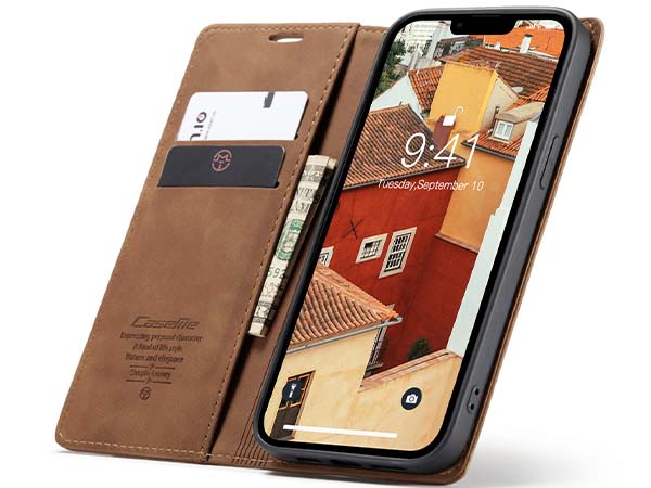 CaseMe Slim Synthetic Leather Wallet Case with Stand for iPhone 14 - Tan