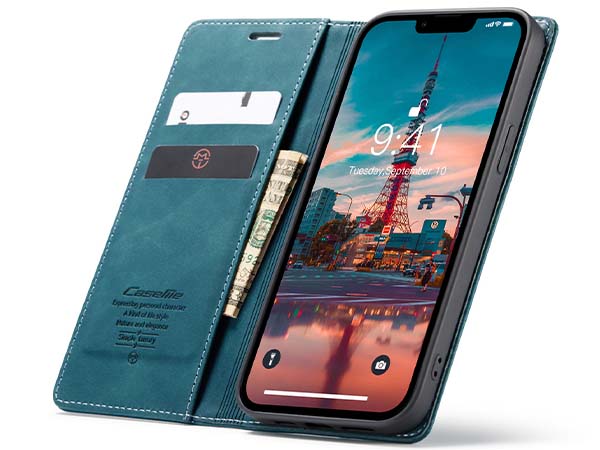 CaseMe Slim Synthetic Leather Wallet Case with Stand for iPhone 14 - Teal