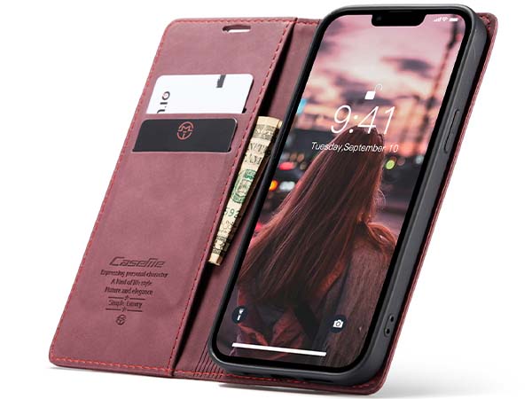 CaseMe Slim Synthetic Leather Wallet Case with Stand for iPhone 14 Plus - Burgundy