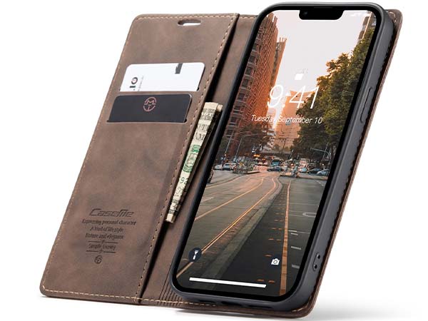 CaseMe Slim Synthetic Leather Wallet Case with Stand for iPhone 14 Plus - Chocolate