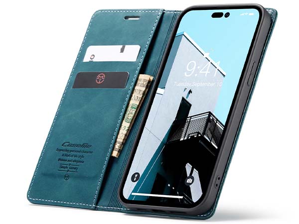 CaseMe Slim Synthetic Leather Wallet Case with Stand for iPhone 14 Pro - Teal