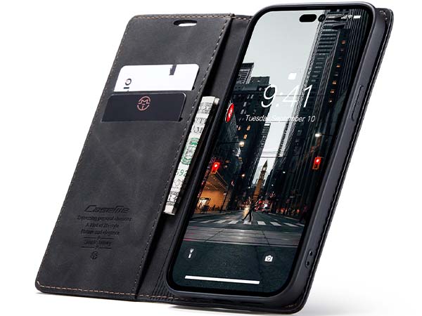 CaseMe Slim Synthetic Leather Wallet Case with Stand for iPhone 14 Pro - Charcoal