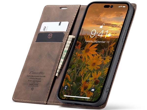 CaseMe Slim Synthetic Leather Wallet Case with Stand for iPhone 14 Pro - Chocolate