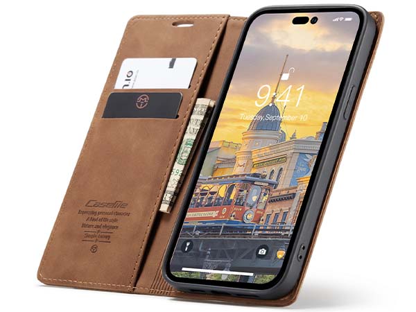 CaseMe Slim Synthetic Leather Wallet Case with Stand for iPhone 14 Pro - Tan