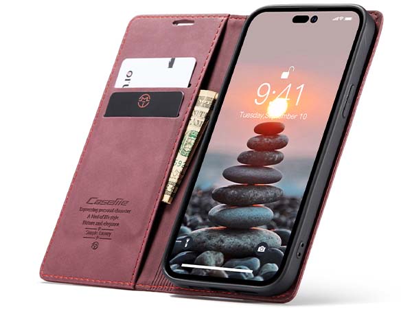 CaseMe Slim Synthetic Leather Wallet Case with Stand for iPhone 14 Pro Max - Burgundy