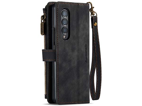 CaseMe Synthetic Leather Wallet Case with Zipper Pocket for Samsung Galaxy Z Fold4 - Charcoal Leather Wallet Case
