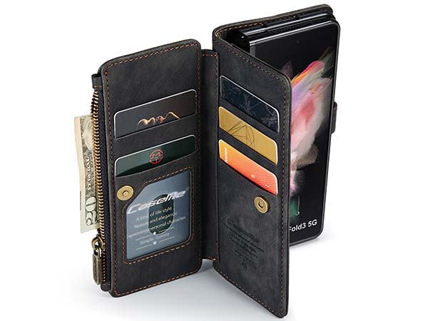 CaseMe Synthetic Leather Wallet Case with Zipper Pocket for Samsung Galaxy Z Fold4 - Charcoal