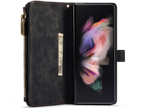CaseMe Synthetic Leather Wallet Case with Zipper Pocket for Samsung Galaxy Z Fold4 - Charcoal