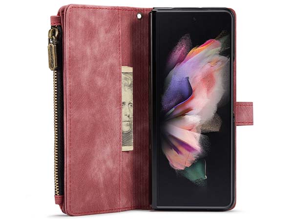 CaseMe Synthetic Leather Wallet Case with Zipper Pocket for Samsung Galaxy Z Fold4 - Blush