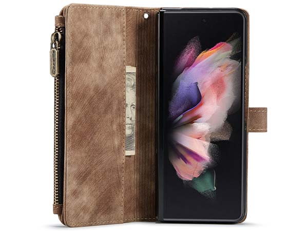 CaseMe Synthetic Leather Wallet Case with Zipper Pocket for Samsung Galaxy Z Fold4 - Desert Taupe