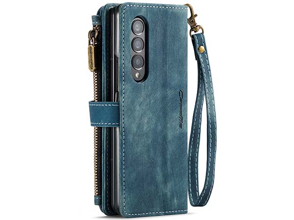 CaseMe Synthetic Leather Wallet Case with Zipper Pocket for Samsung Galaxy Z Fold4 - Teal Leather Wallet Case