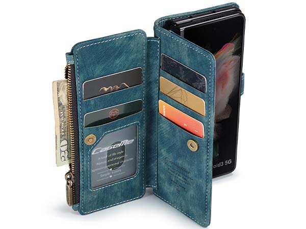 CaseMe Synthetic Leather Wallet Case with Zipper Pocket for Samsung Galaxy Z Fold4 - Teal