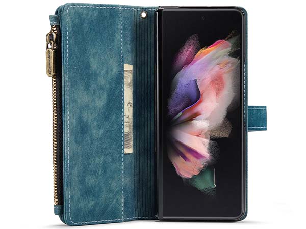 CaseMe Synthetic Leather Wallet Case with Zipper Pocket for Samsung Galaxy Z Fold4 - Teal