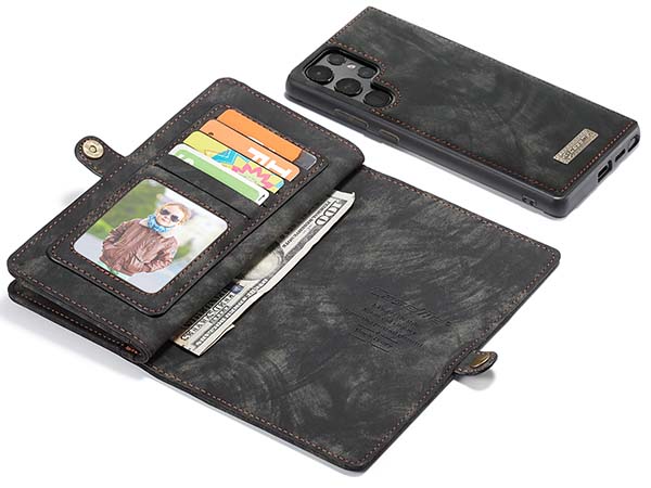 CaseMe 2-in-1 Synthetic Leather Wallet Case for Samsung Galaxy S22 Ultra - Khaki/Grey