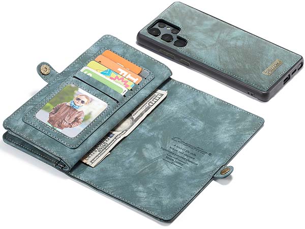 CaseMe 2-in-1 Synthetic Leather Wallet Case for Samsung Galaxy S22 Ultra - Teal/Ash
