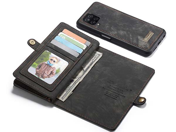 CaseMe 2-in-1 Synthetic Leather Wallet Case for Samsung Galaxy A12 - Khaki/Grey